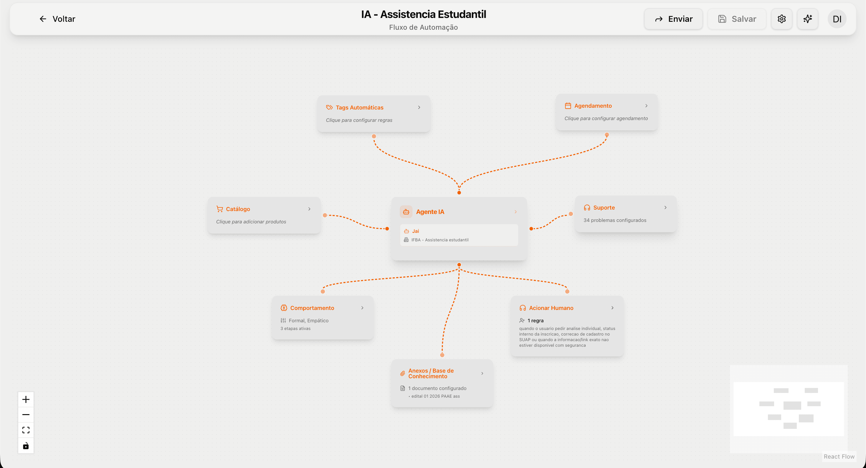 Editor visual de fluxos de automação de atendimento no WhatsApp do PulseChat